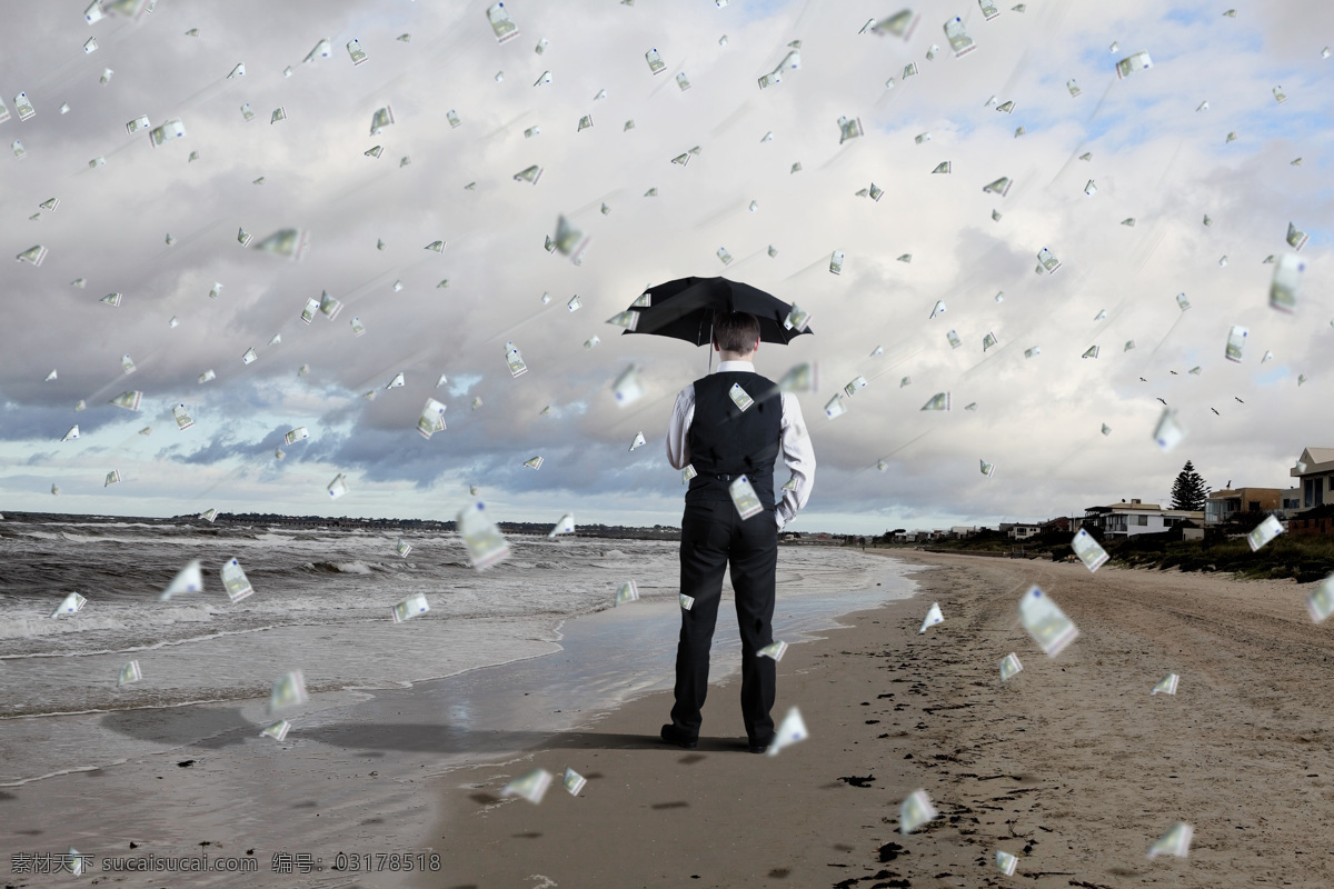 白领 钞票 创意 海滩 金钱 人物 沙滩 商务 打着 雨伞 遮挡 雨 打雨伞 商业 人士 高管 设想 商业插画 商务金融 插画集