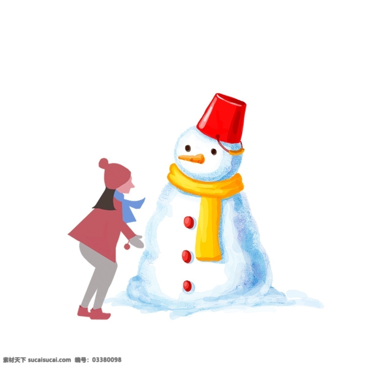 冬季 小女孩 堆 雪人 清新 唯美 商用 元素 插画 卡通素材 冬天 冬季素材 堆雪人 立冬