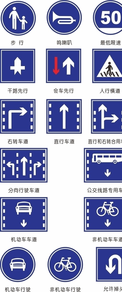 路牌 交通 标示 标志 标牌 矢量 步行 最低 限速 会车 先行 干路 人行横道 人行道 右转 直行 车道 左转 分向行驶 机动车 公交 非机动车 允许 掉头