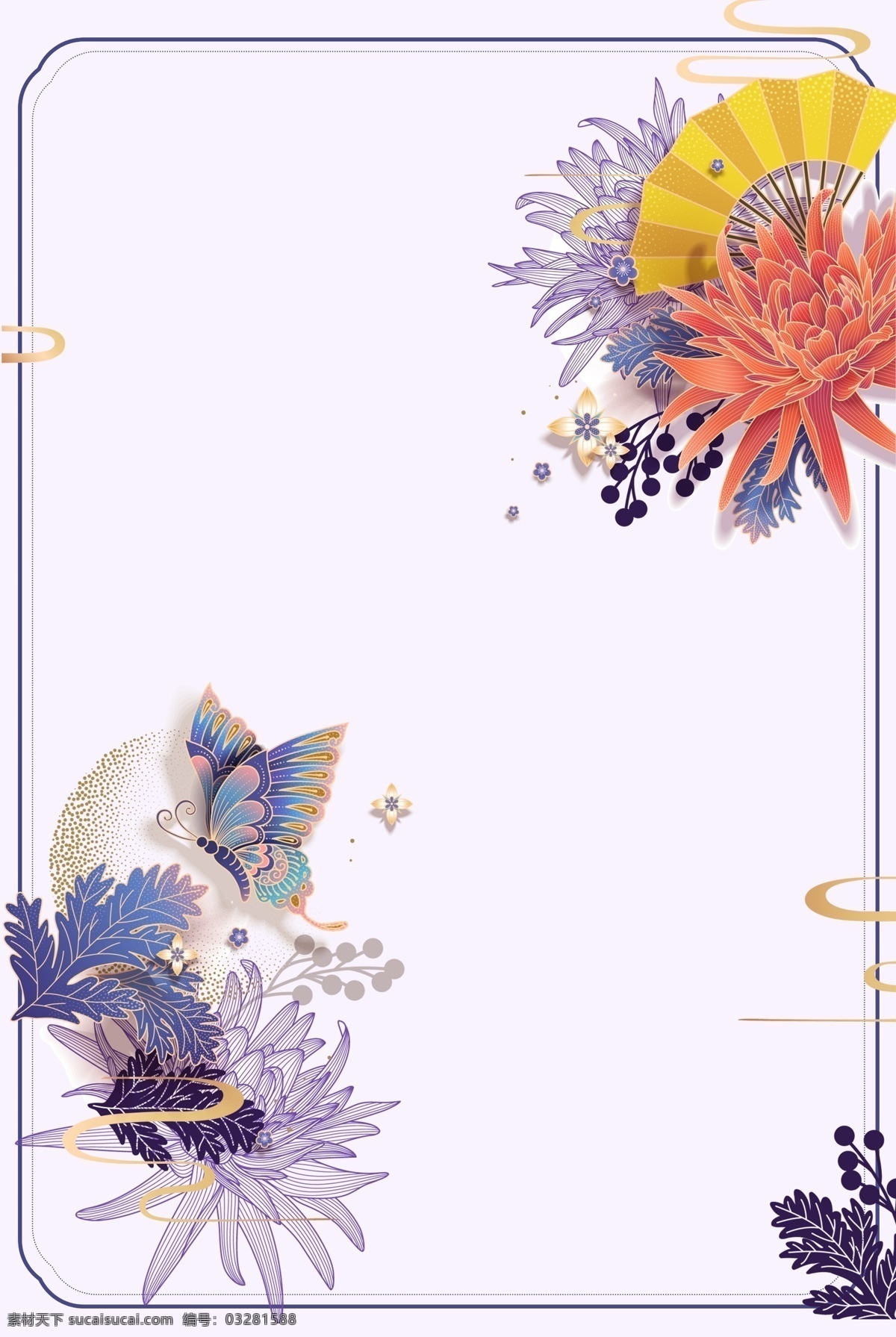 手绘 古风 中国 风 植物 花卉 古典 边框 中国风 唯美 紫色