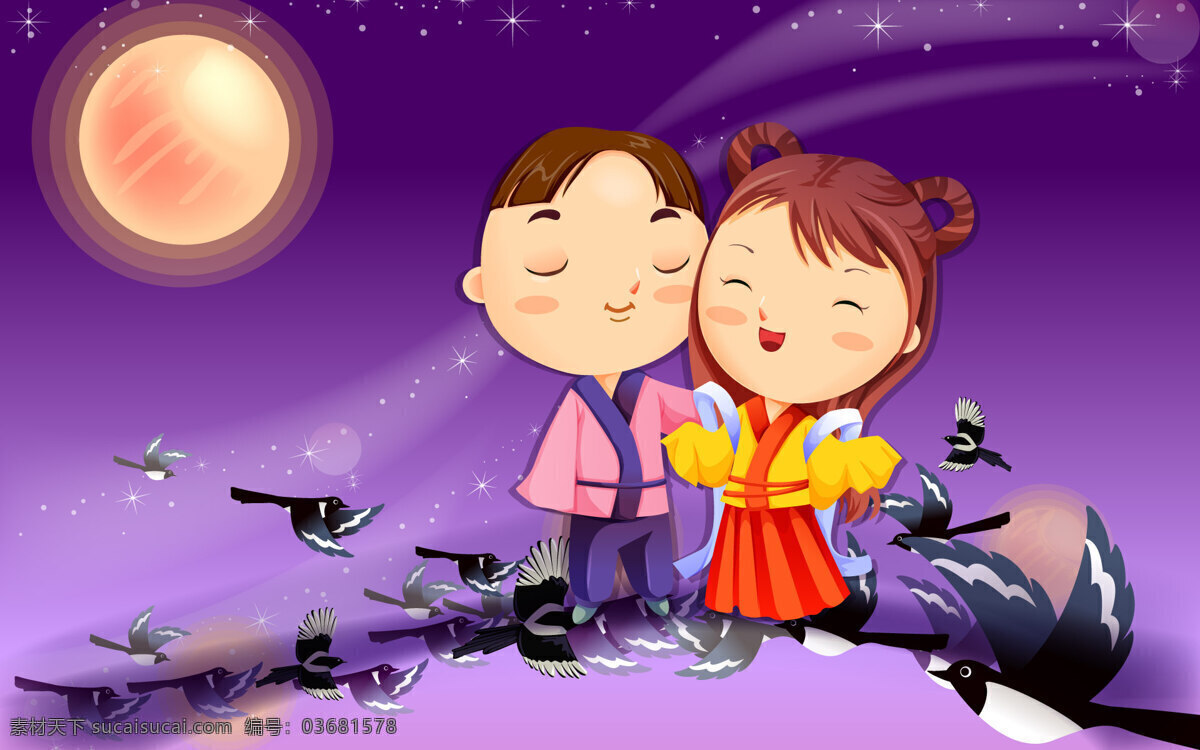漂亮 夜 浪漫情人 童话人物 月亮 紫色背景 可爱的儿童 漂亮的夜 紫色的天空 卡通 动漫 可爱