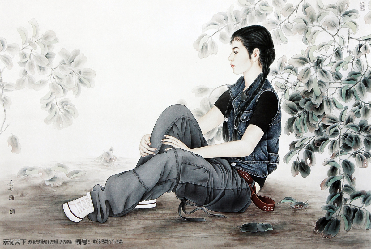 长发 黑发 绘画 绘画书法 绿叶 落叶 马甲 美女 少女 人物画 设计素材 模板下载 人物 坐姿 休闲装 嘻哈 皮带 辫子 书法绘画 文化艺术