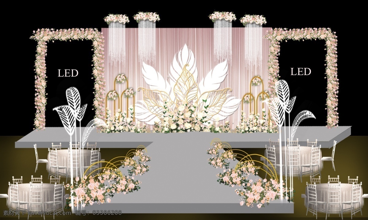 粉色 繁花 浪漫婚礼 舞台 婚礼 小清新 模板 背景 效果图