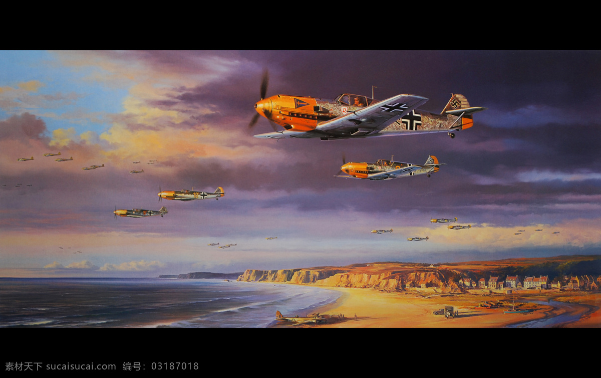 空战绘画 天空 海滩 飞机 战斗机 编队 德国 飞行 二战空战画册 绘画书法 文化艺术