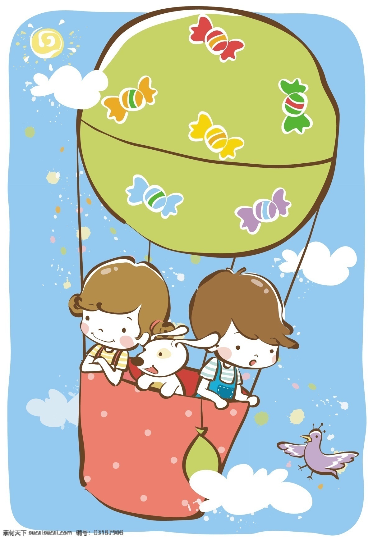 儿童幼儿 卡通 男孩 女孩 热气球 矢量人物 矢量云朵 糖果 小狗 游玩 矢量 模板下载 热气球游玩 小鸟
