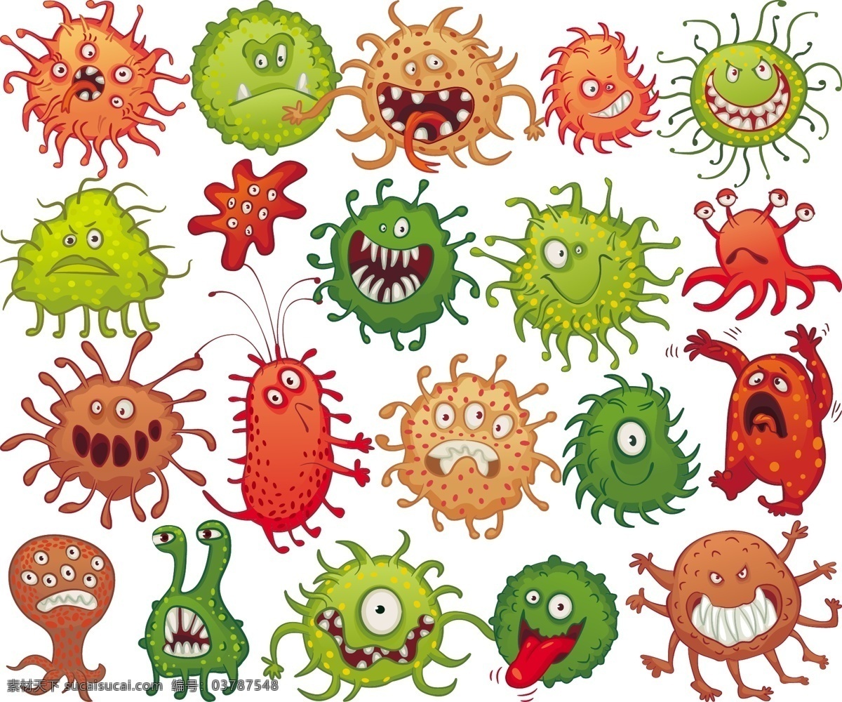卡通细菌 病毒 细菌 卡通 健康 病菌 矢量图 白色