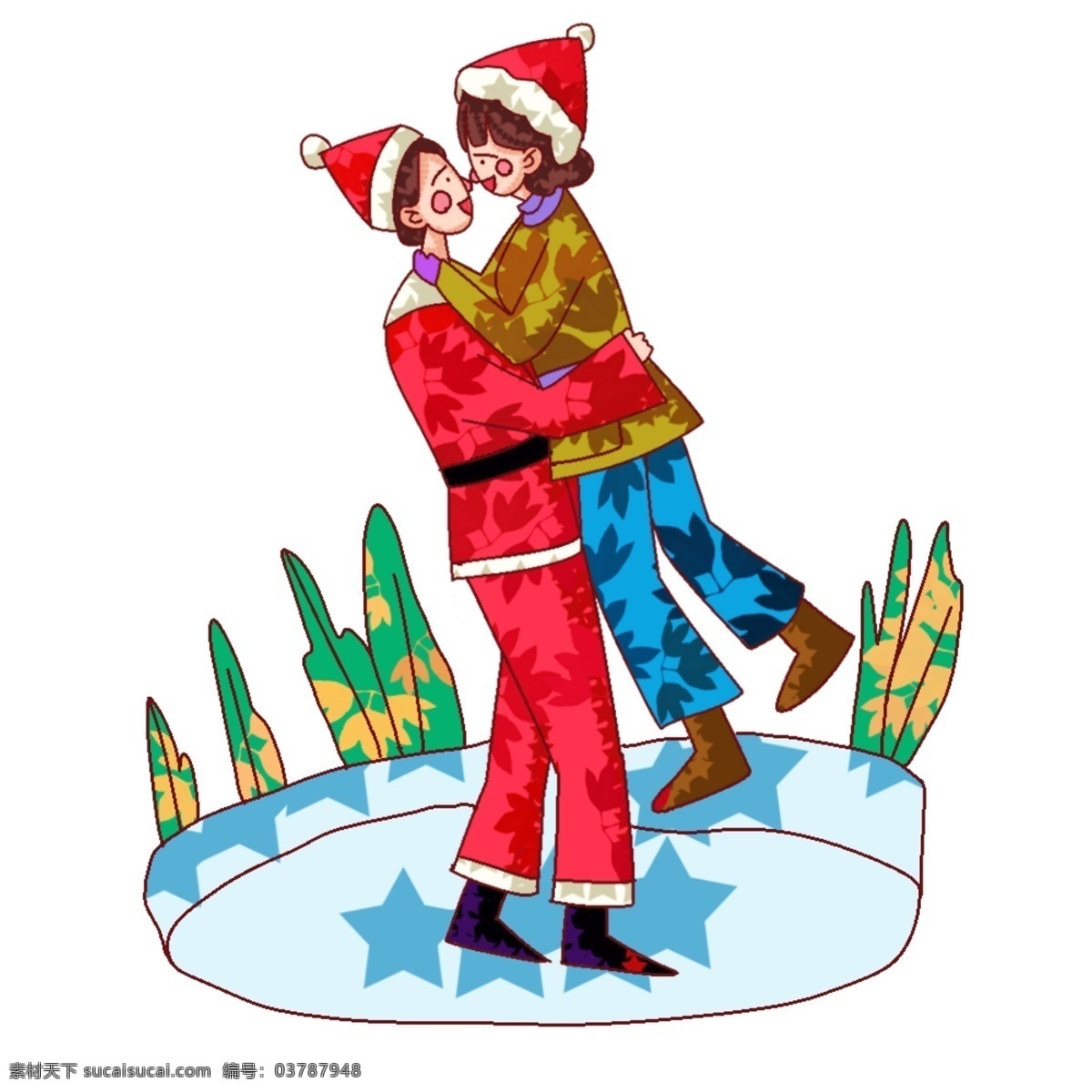 手绘 圣诞节 情侣 相 拥 男孩 女孩 毛衣 手套 卡通 温馨圣诞 圣诞帽 圣诞服饰 圣诞装饰 长裤 腰带 短发 线描