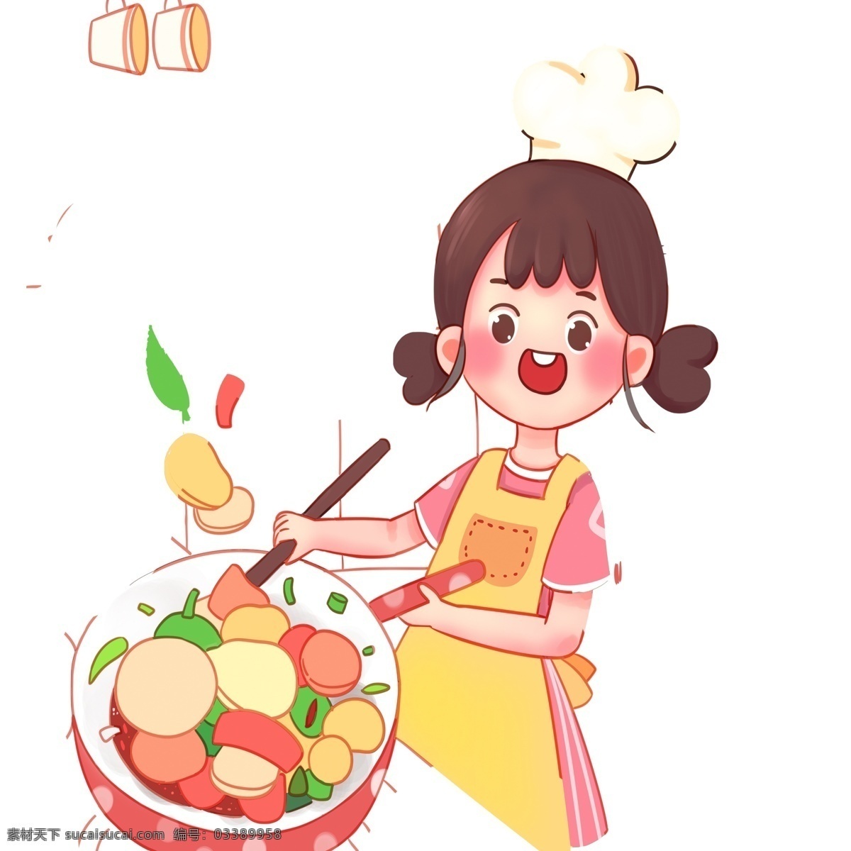 卡通 可爱 一个 炒菜 女孩子 女孩 人物 插画 厨师