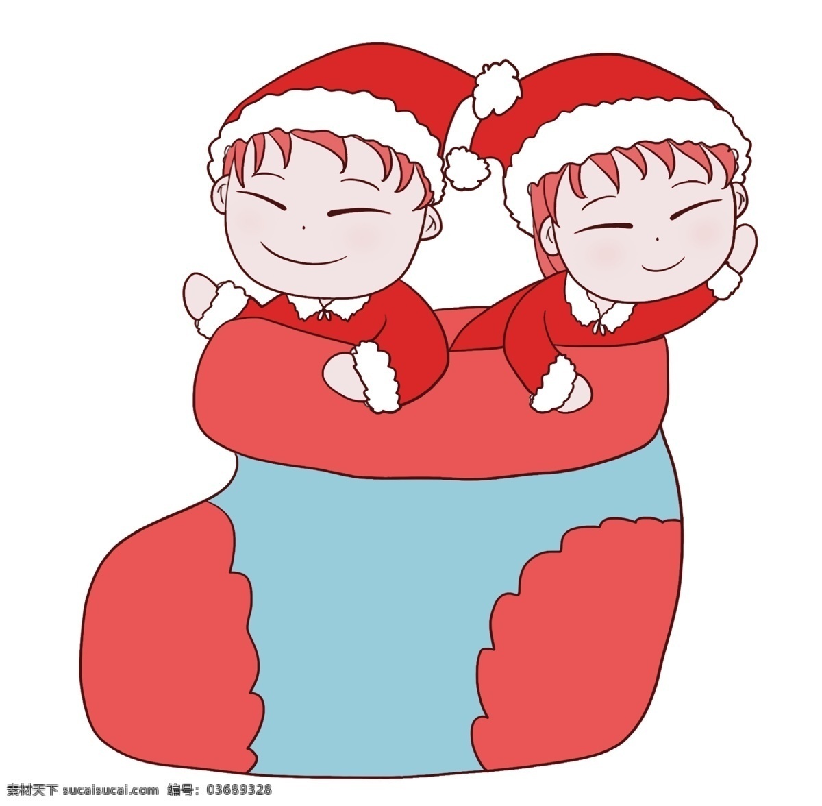 圣诞 袜 里 两个 儿童 插画 手绘圣诞袜 两个儿童 快乐童年 卡通 圣诞节 戴 帽 喜庆圣诞节 人物插画
