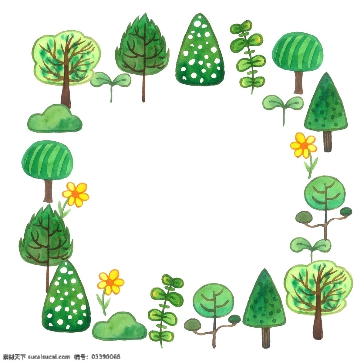 森林 彩 铅 装饰 边框 卡通 手绘 彩铅 色彩 绿色 可爱 树木 植物