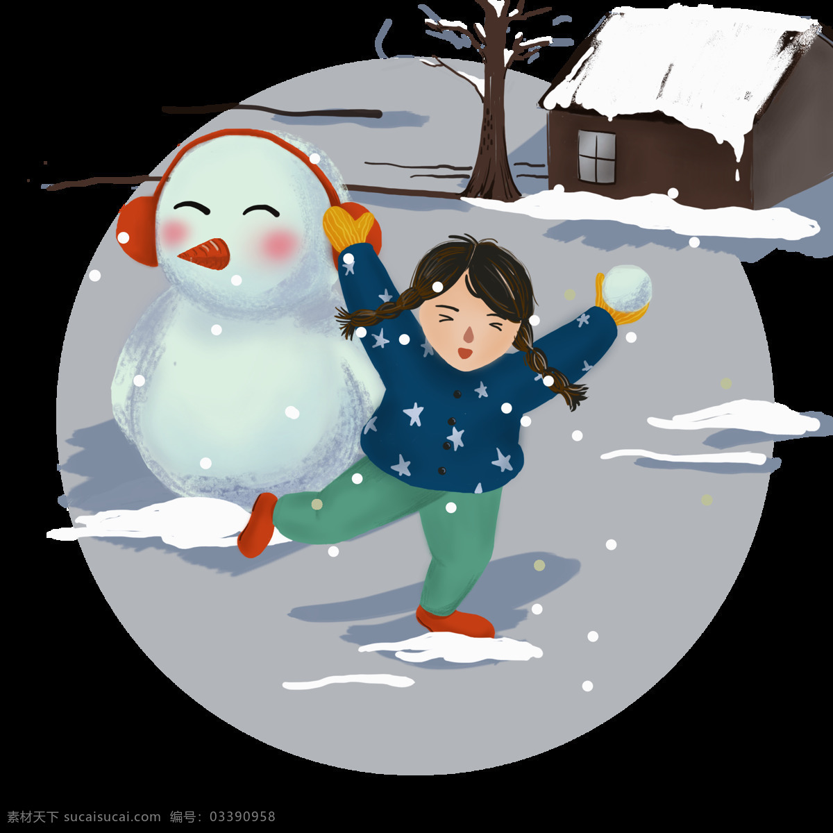 下雪天 雪地 里 打雪仗 孩子 手绘 商用 下雪 冬天 小女孩 小朋友 寒冷