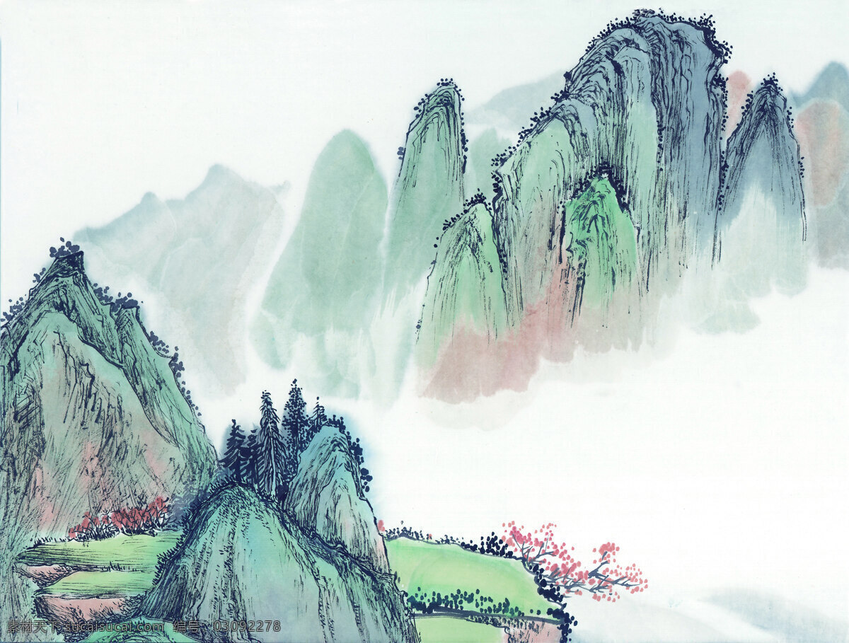 浓 情 山水画 中国画 小河 小树 远山 浓情山水画 家居装饰素材 山水风景画