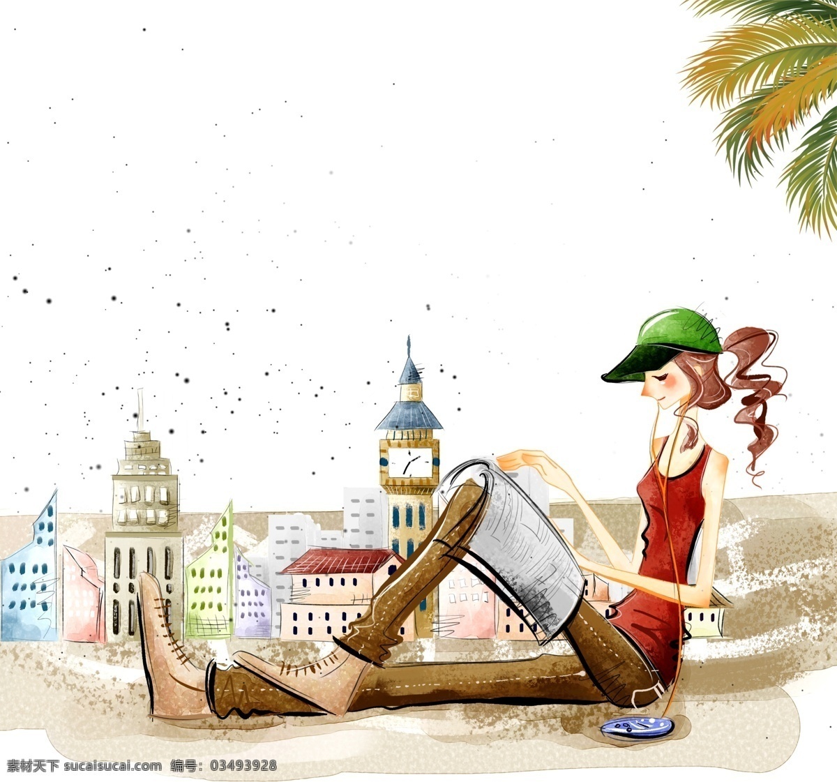 手绘 旅行 少女 插画 元素 行李箱 沙滩 出行