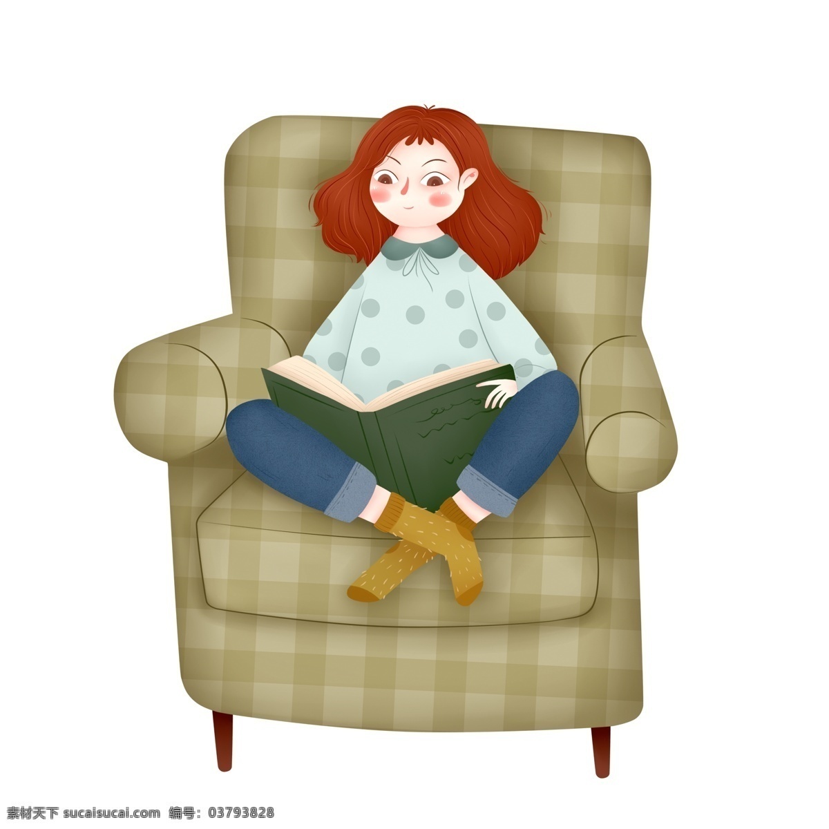 手绘 可爱 女孩 坐在 沙发 上原 创 元素 简约 绿色 单人 看书 原创元素 设计元素