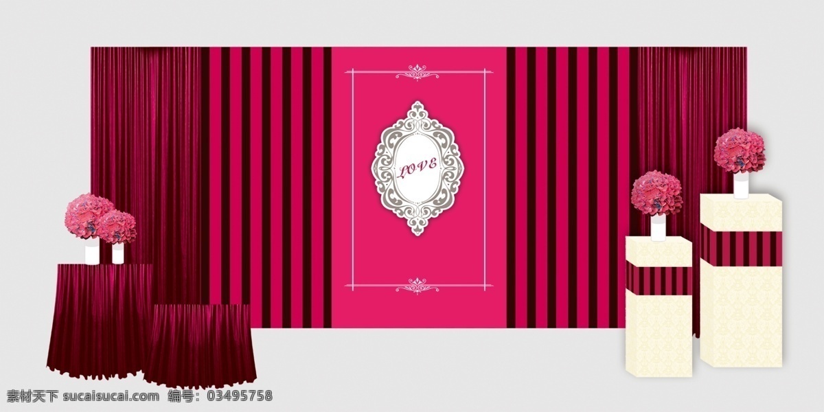 桃红色 婚礼 展示 迎宾 效果图 花艺 桌子 布幔 喷绘