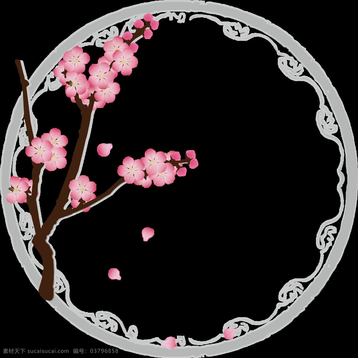 手绘 花卉 花朵 花瓣 植物 水墨 桃花 圆环 装饰 元素 水墨圆环 装饰图案