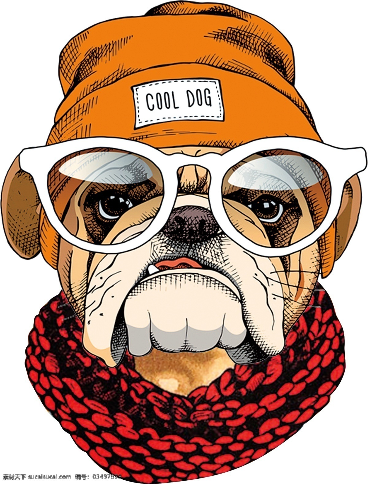 卡通 手绘 眼镜 戴帽子的狗 围巾 分层