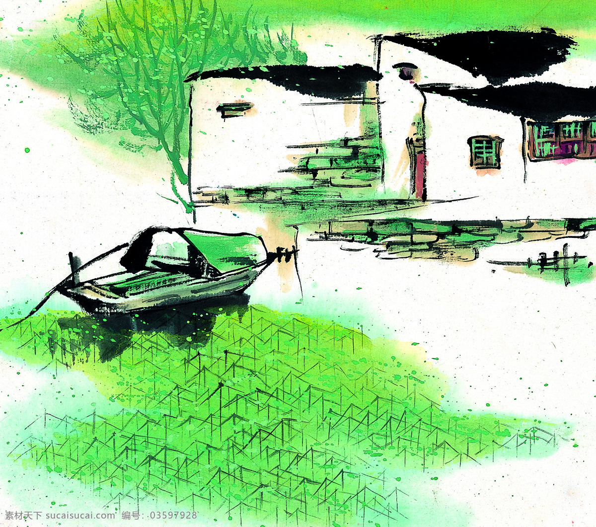 春天水乡 春天 江南 水乡 春意盎然 小船 流水 人家 水墨画 风吹杨柳 文化艺术 绘画书法 设计图库