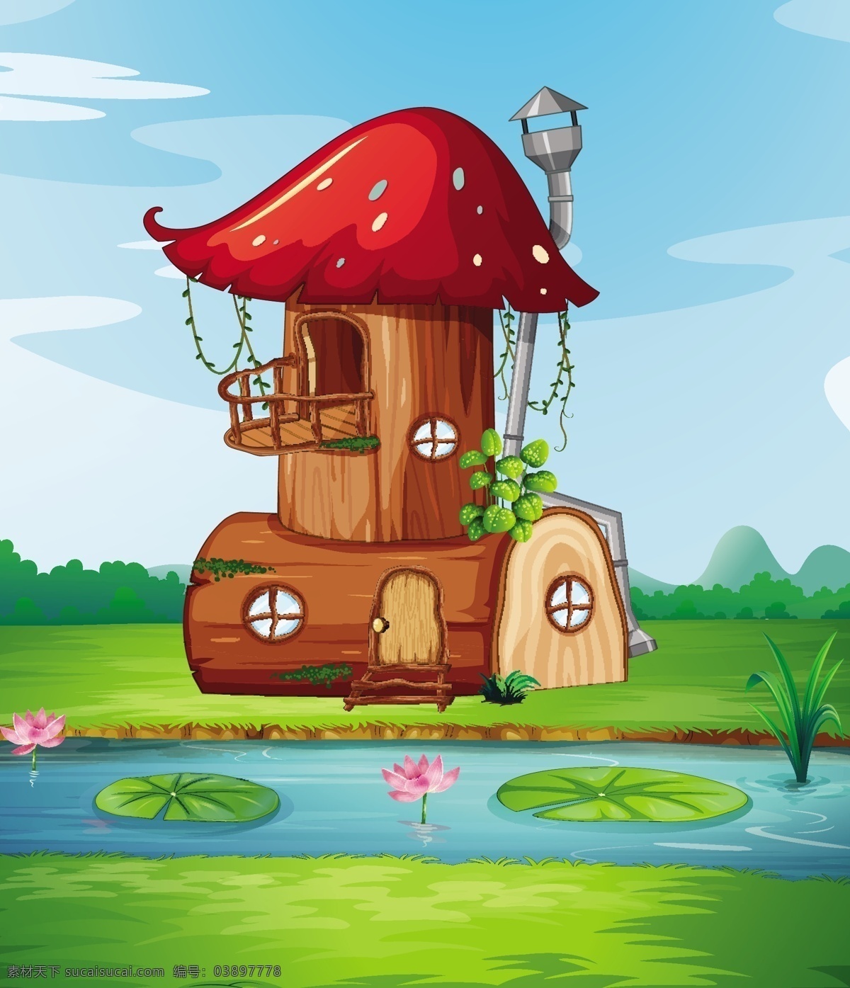 卡通蘑菇屋 屋 蘑菇 魔法 幻想 动画片 故事 门 家 画画 童话 建筑 藤蔓 卡通设计