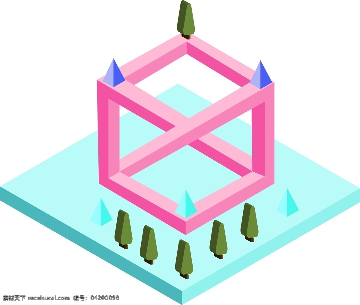 失恋 手绘 粉色 正方形 矢量 立体 2.5d 树木 蓝色 紫色 绿色 褐色 地面 框架 结构 柱体 形状 三角
