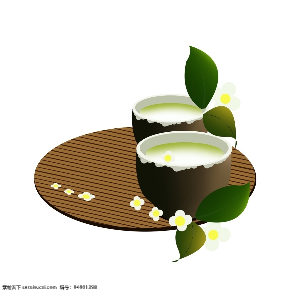 茶具 一对 茶碗 插画 茶壶 茶炉 陶器 茶道 茶文化 工艺品 绿色叶子 花朵装饰 一对茶碗插画