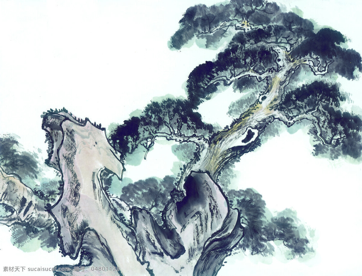 水墨植物山石 水墨 国画 植物 石 盆景 文化艺术 绘画书法 设计图库