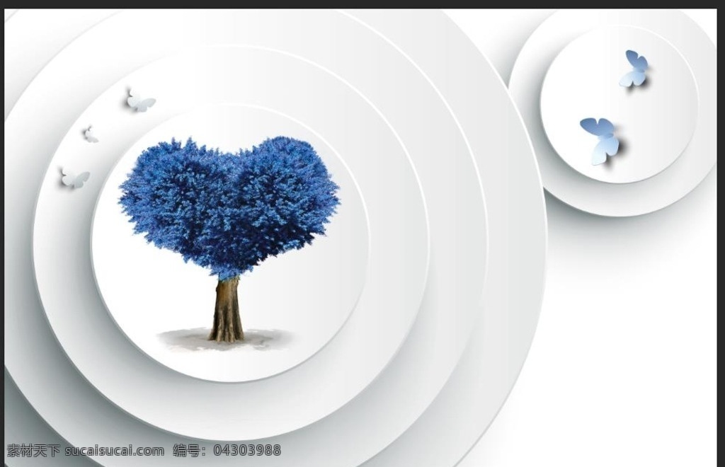 3d 立体 壁画 爱心 大树 背景 墙 现代 壁纸 沙发背景 空间 圆 蝴蝶 爱心树 蓝色 树 创意 时尚 简约 分层