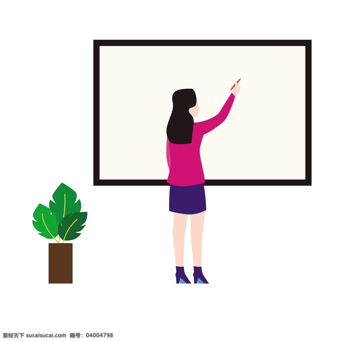 黑板 上 板书 老师 矢量 板书老师 漂亮 漂亮背影 背影 绿色 绿色植物 植物 白板 墙上的白板