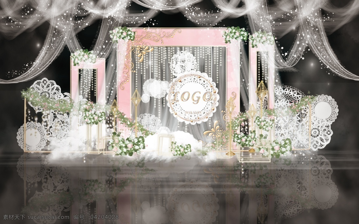 粉色 大气 唯美 婚礼 迎宾 工装 效果图 浪漫 吊灯 蕾丝网 布幔 门框造型 森系 白色