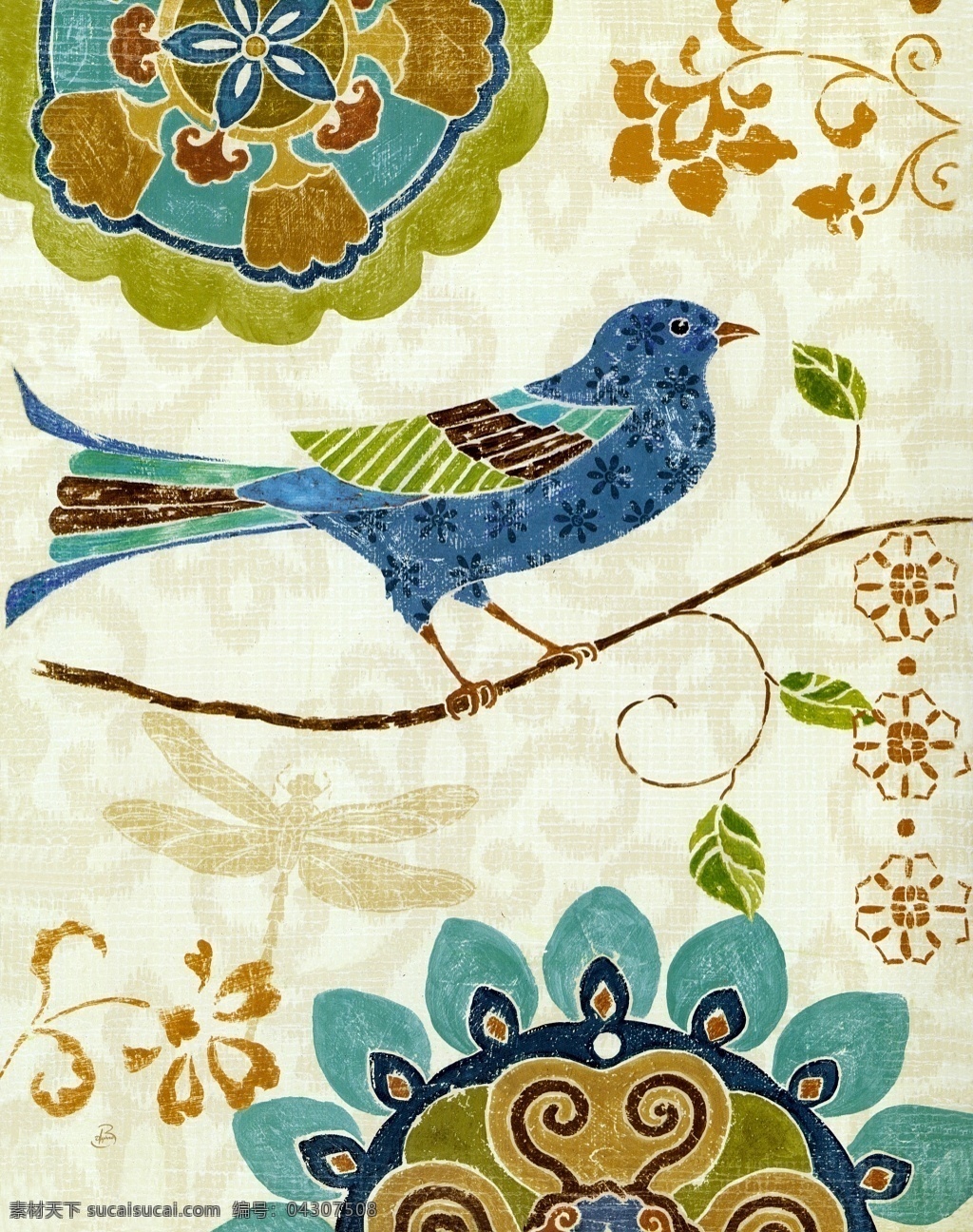 小鸟 树枝 花朵 古典 装饰画 鸟类