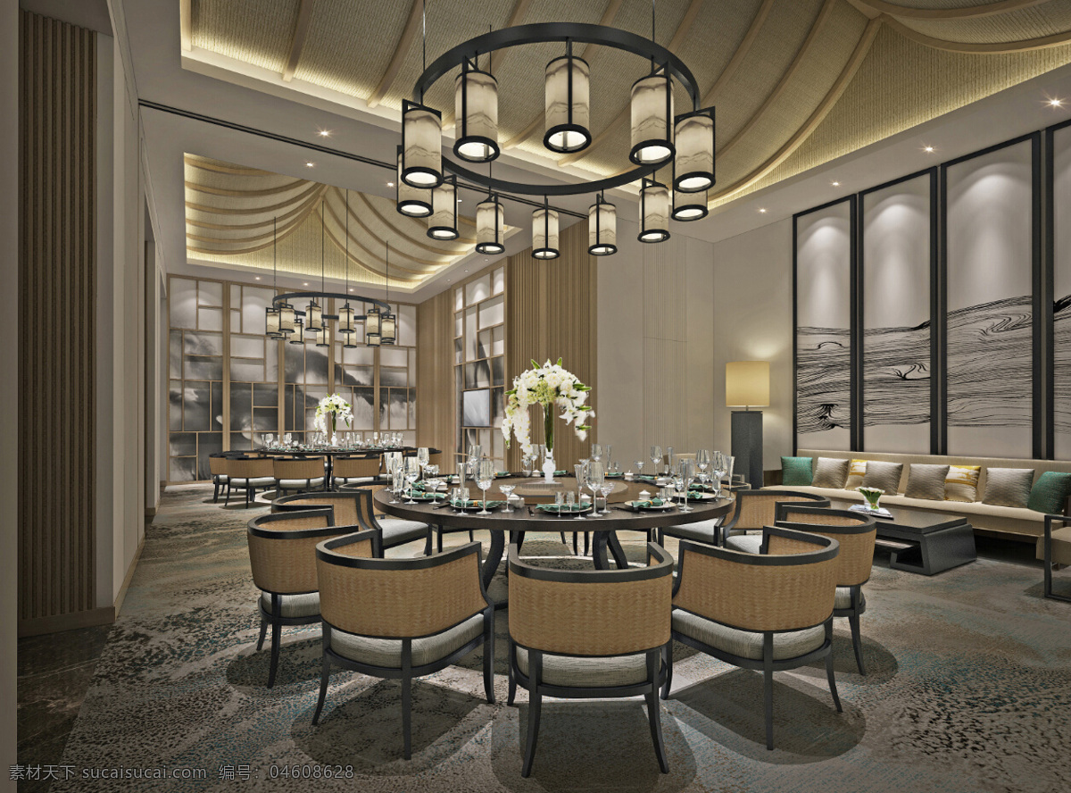 中式 风格 酒店 餐厅 装修 效果图 餐桌 复古吊灯 窗户 吊顶