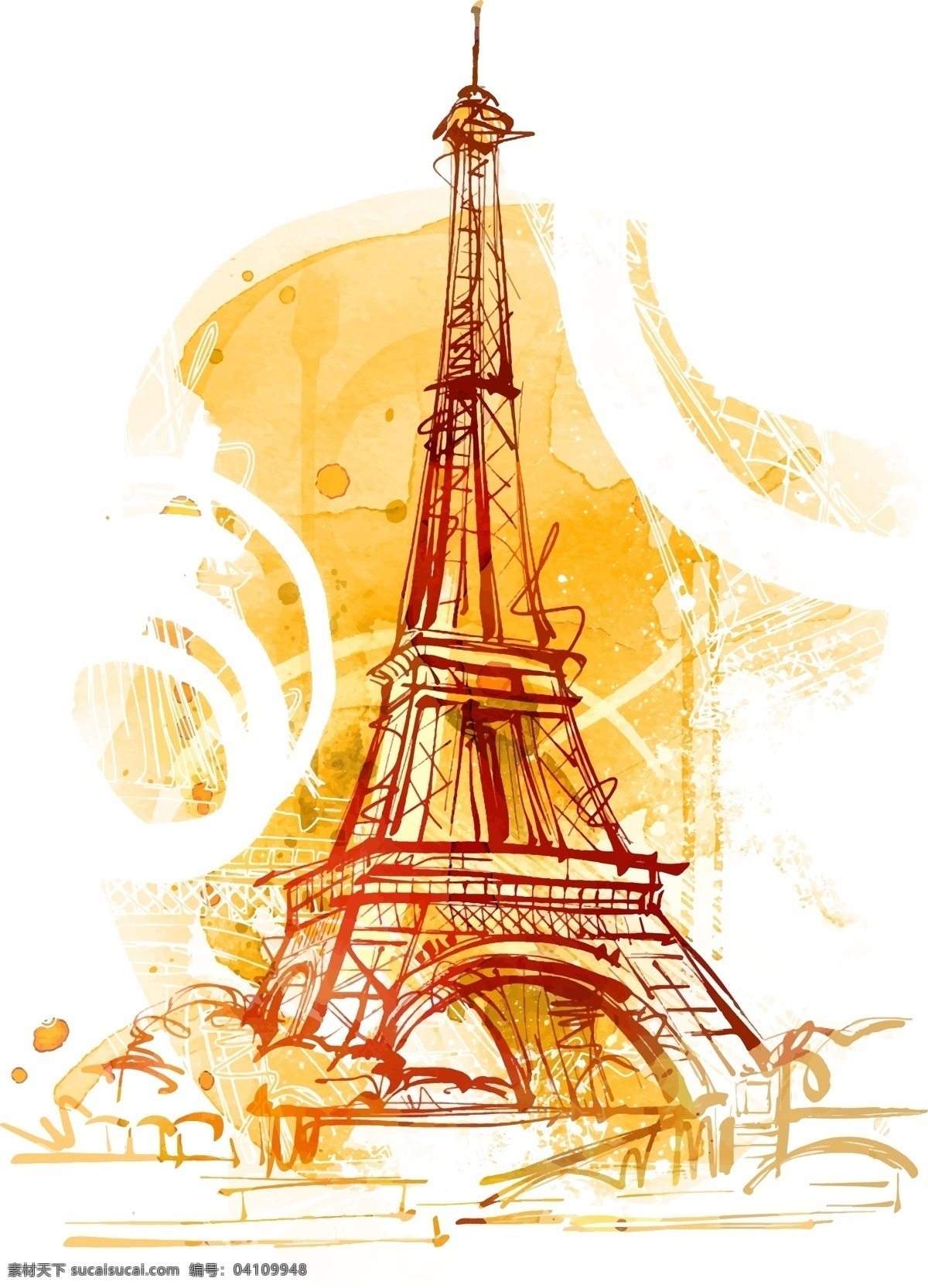 铁塔 现代 个性 涂鸦 矢量 巴黎 景点 橘色 水彩 泼墨 蓝色