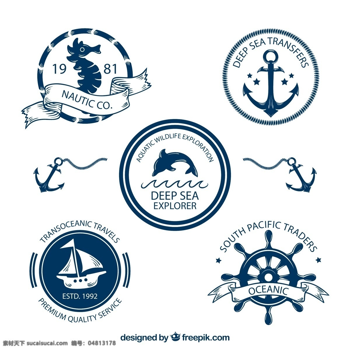 深蓝色 航海 徽章 海马 海豚 爱戴 船锚 帆船 源文件 矢量 高清图片