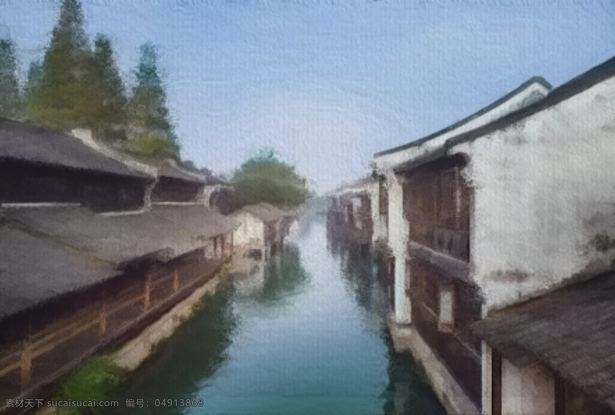 江南水乡油画 油画 水乡 花 江南 水 风景