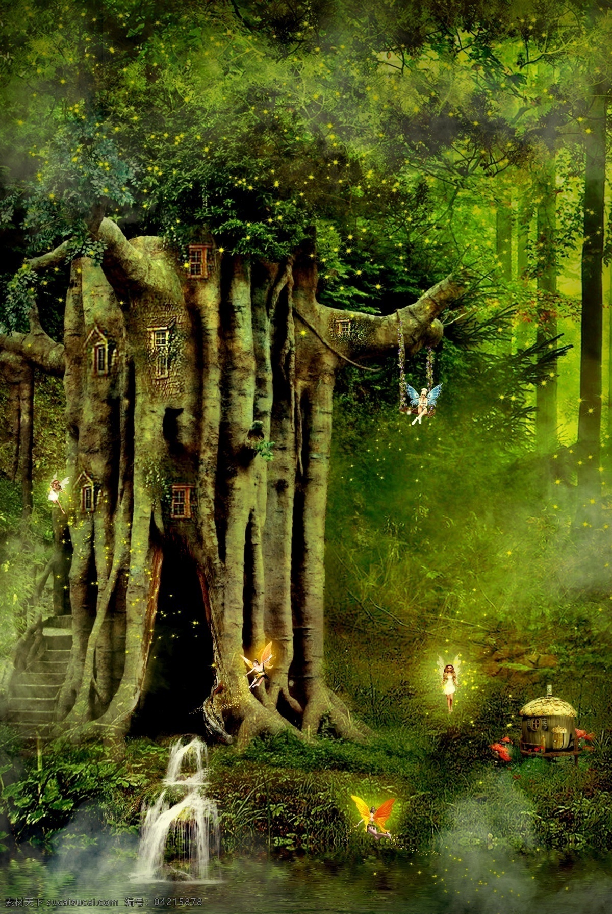 精灵的国度 梦幻 精灵 小溪 大树 森林 神话 树洞 窗口 森林里的精灵 分层 源文件