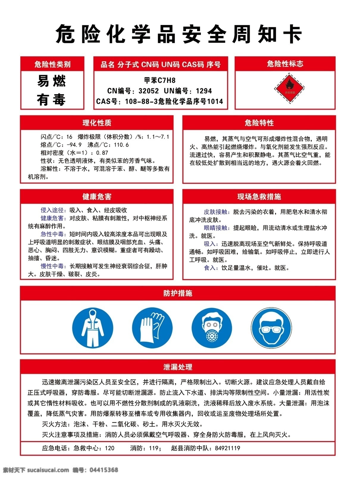 甲苯 安全 告知 牌 告知卡 通用 危险性标志 危险性类别 防护措施