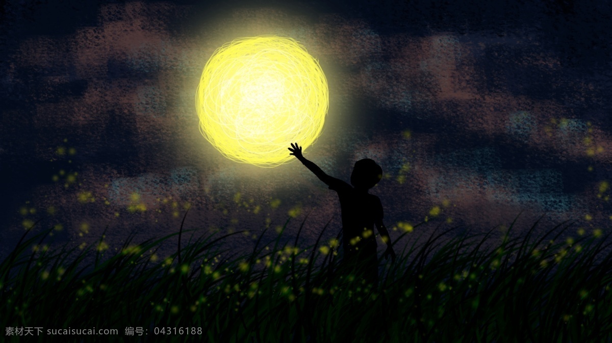 夜晚 花海 中 男孩 金色 月亮 卡通 背景