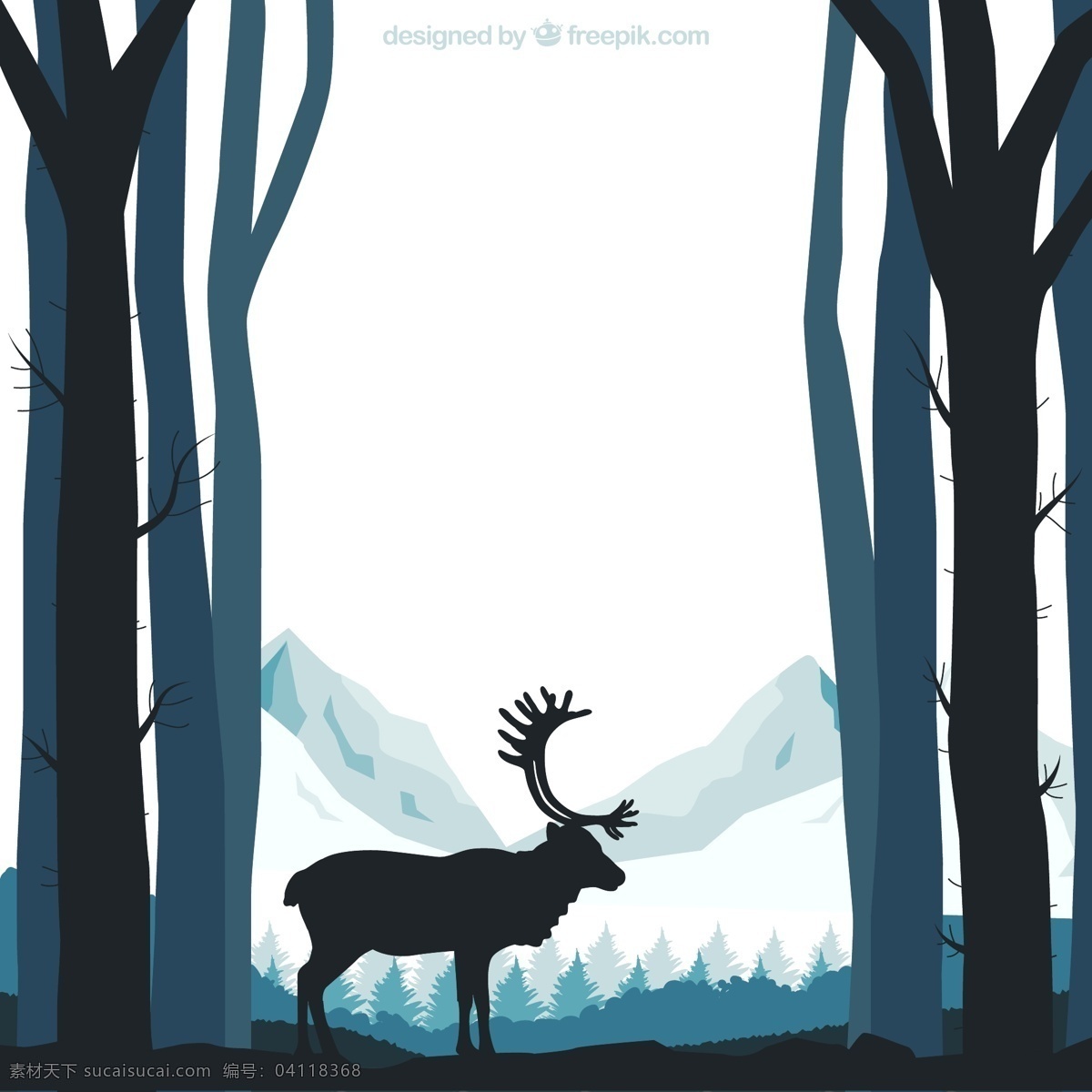 森林 驯鹿 剪影 鹿 麋鹿 圣诞节 动物 野生动物 树林 树木 大树 植物 山峰 插画 背景 海报 画册 圣诞节素材 平面素材