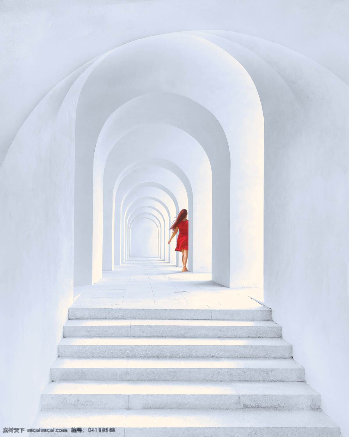 白与红 白色 纯白 红色 模特 美女 城堡 台阶 墙壁 梦幻 空旷 回廊 回音 背影 裙子 长发 光线 阳光 人物图库 人物摄影
