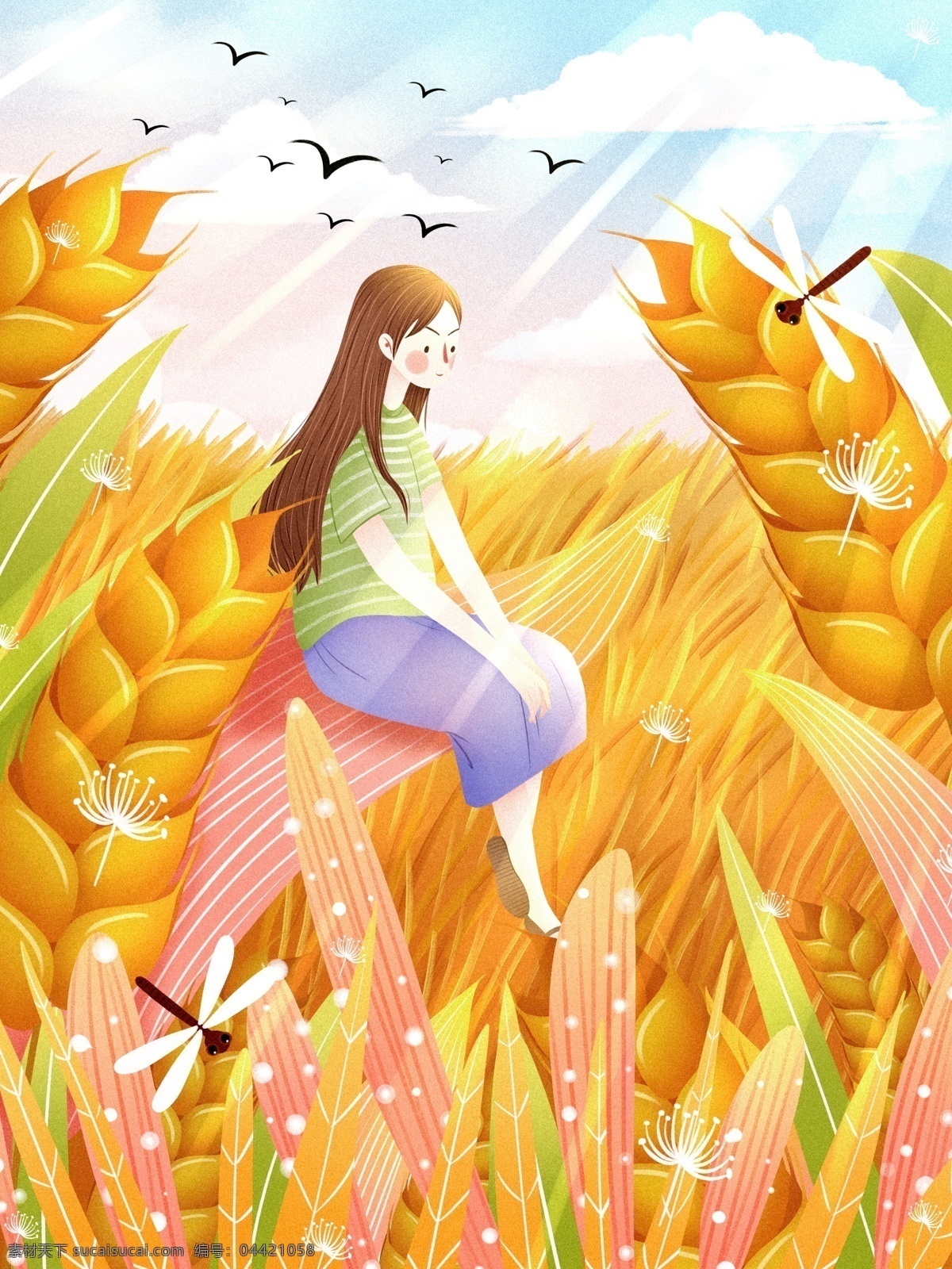 二十四节气 芒种 插画 唯美 治愈系 24节气 节气插画 节日节气 小女孩 小清新