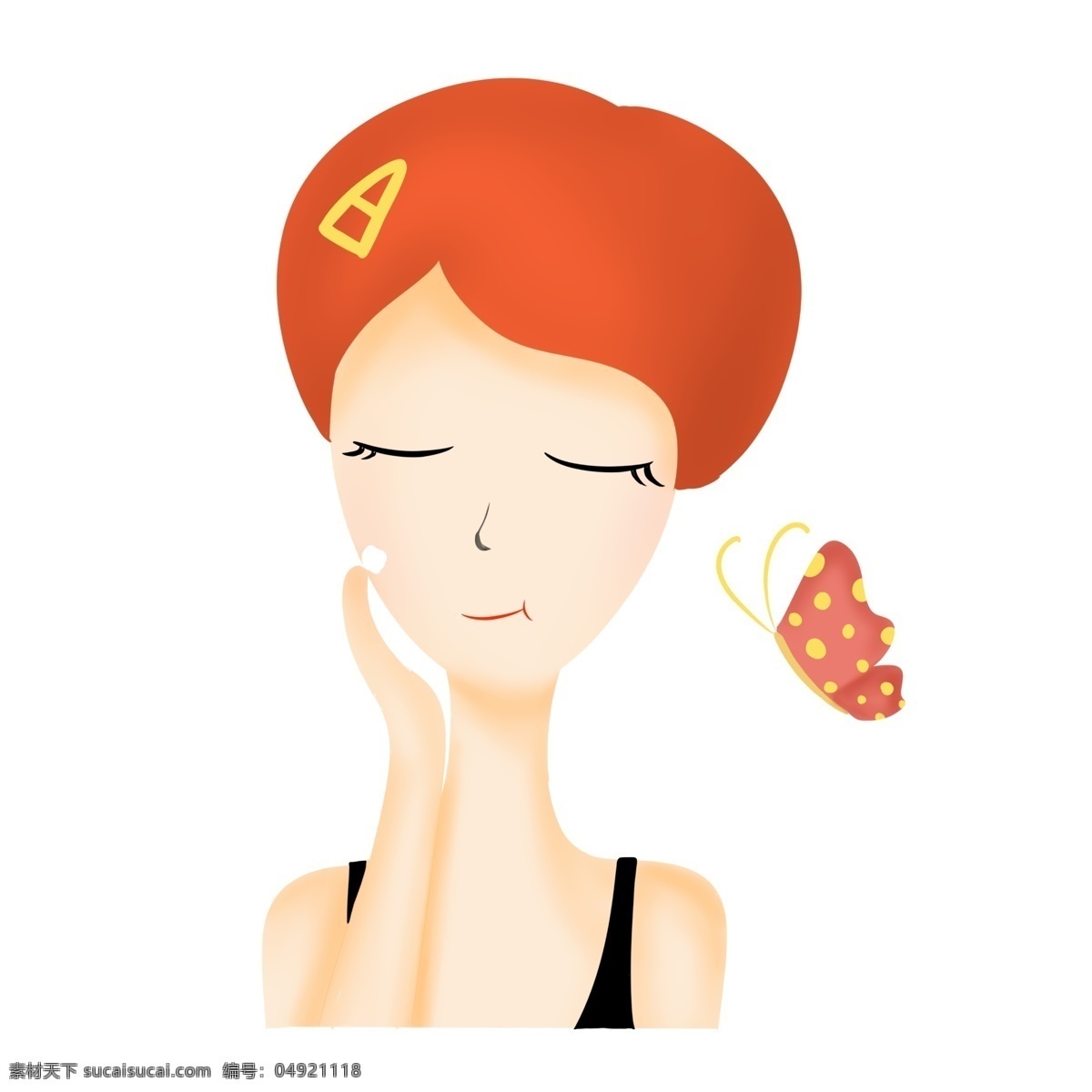 涂 面霜 小女孩 插画 漂亮的小女孩 黄色的发卡 红色的蝴蝶 白色的乳液 护肤的小女孩 飞舞的蝴蝶