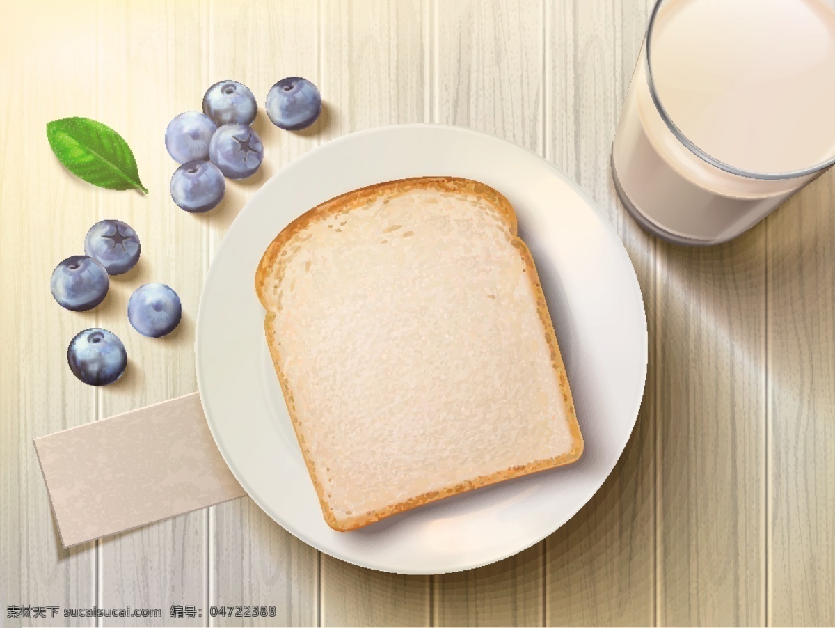 蓝莓 牛奶 面包 白色盘子 木质桌子 营养早餐