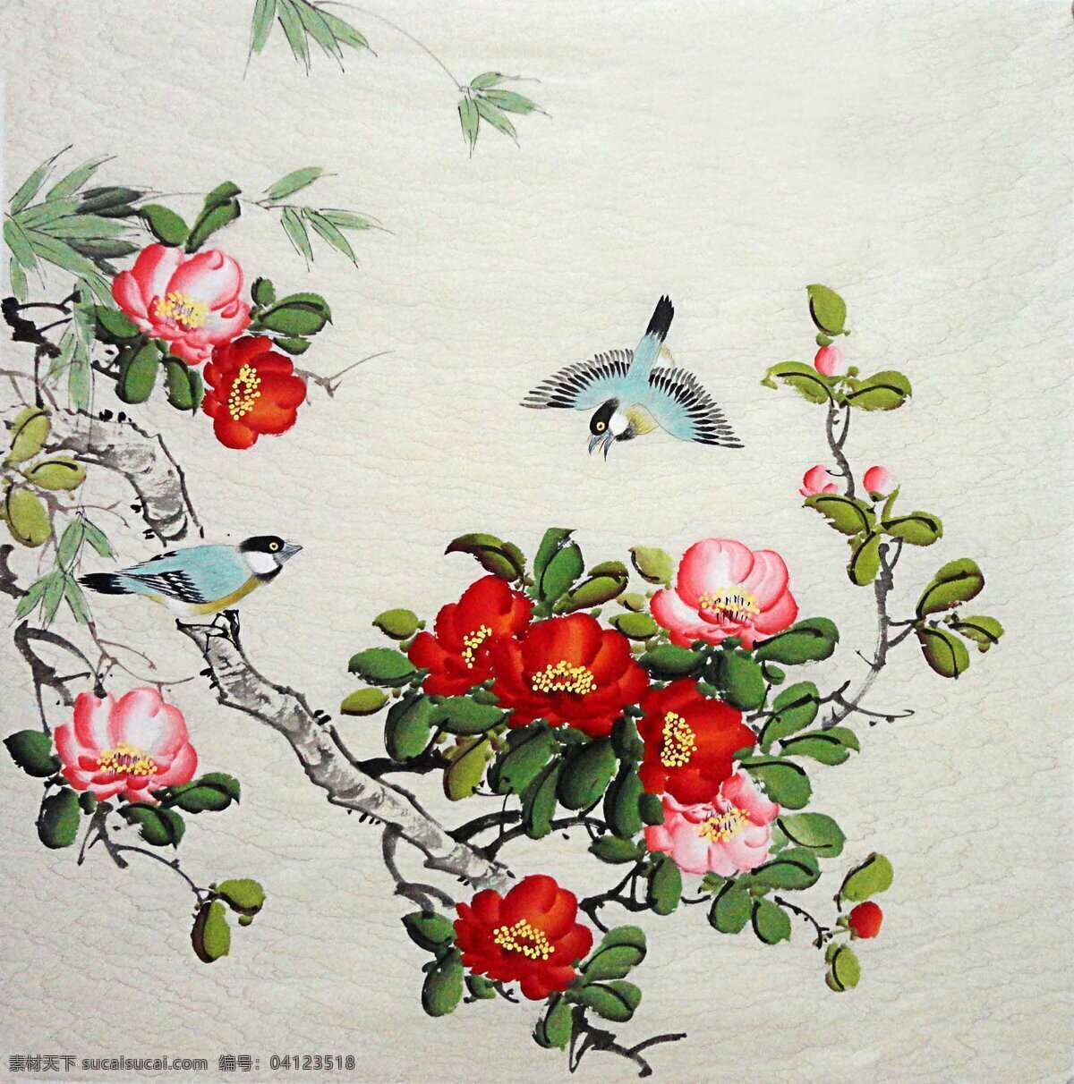 工笔山茶花鸟 工笔画 山茶花 鸟 花卉 竹子 花鸟 文化艺术 绘画书法