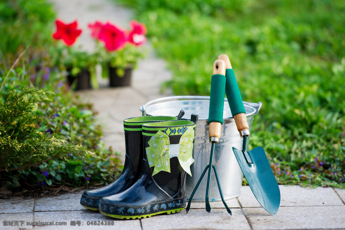 园艺工具 雨鞋 雨靴 铁锹 耙 水桶 手提桶 园林景观 环境家居
