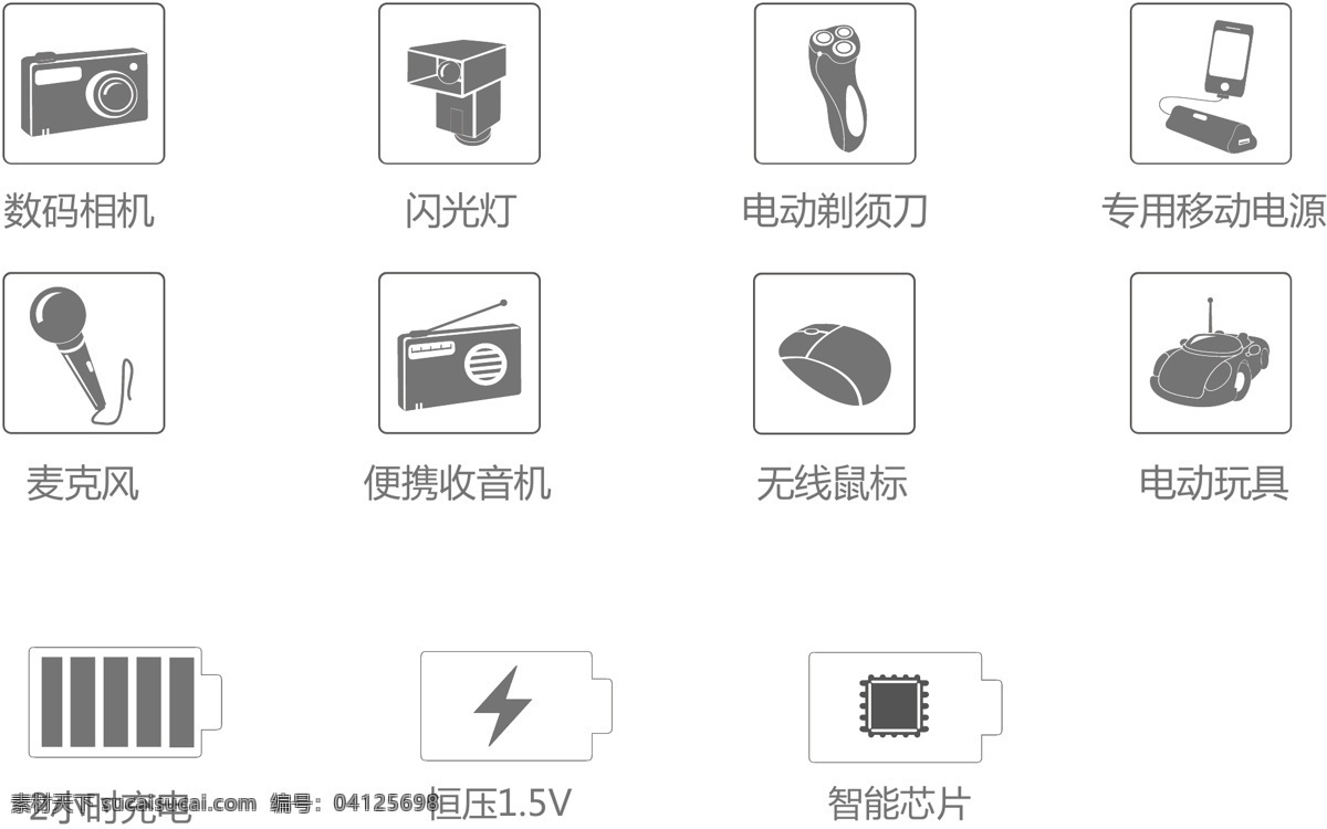 数码相机 电动剃须刀 移动电源 麦克风 收音机 无线鼠标 电动玩具 充电状态 标志图标 其他图标