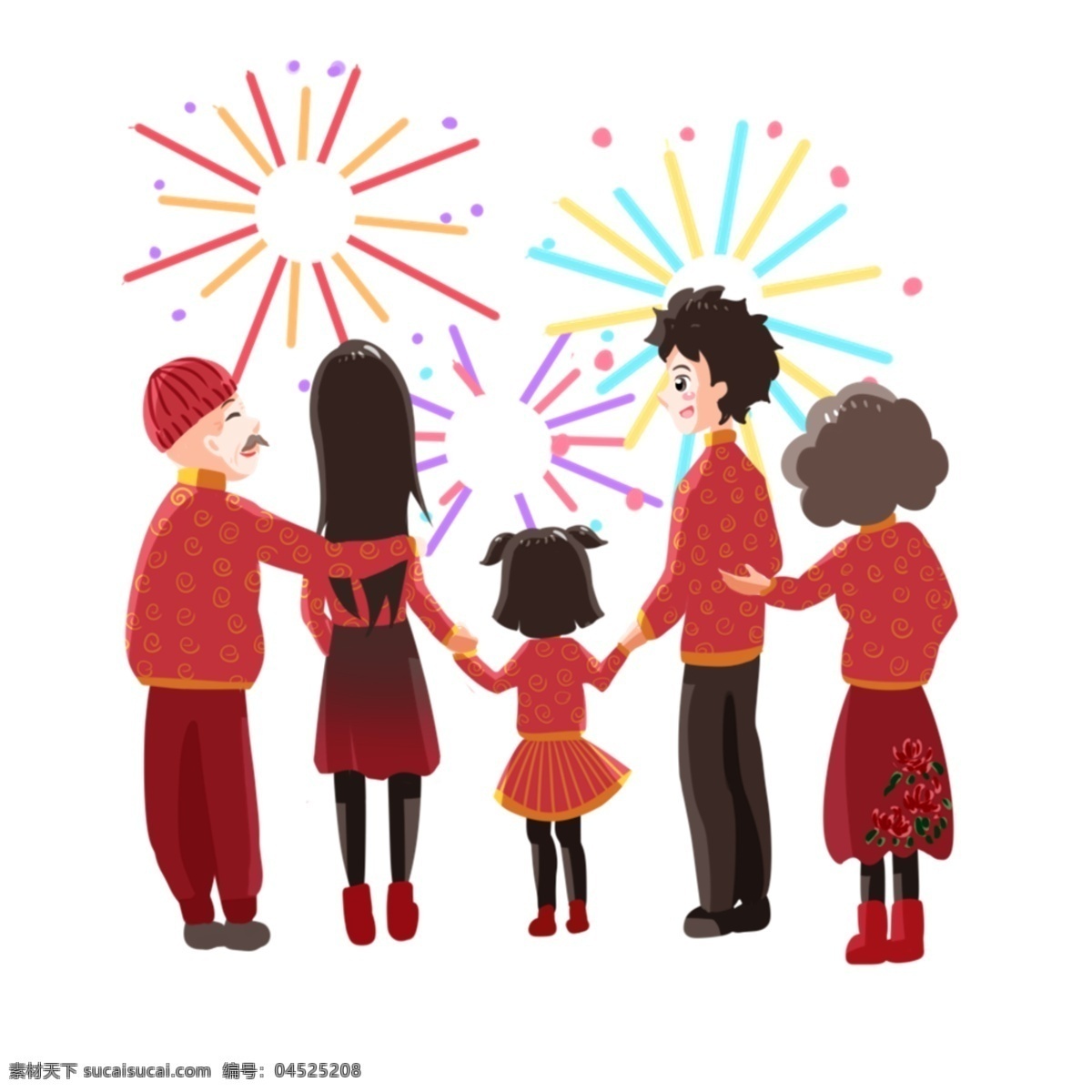 团圆 看 烟花 一家人 可爱的小女孩 幸福的一家人 红色的帽子 卡通人物 团聚人物插画 炫彩的烟花