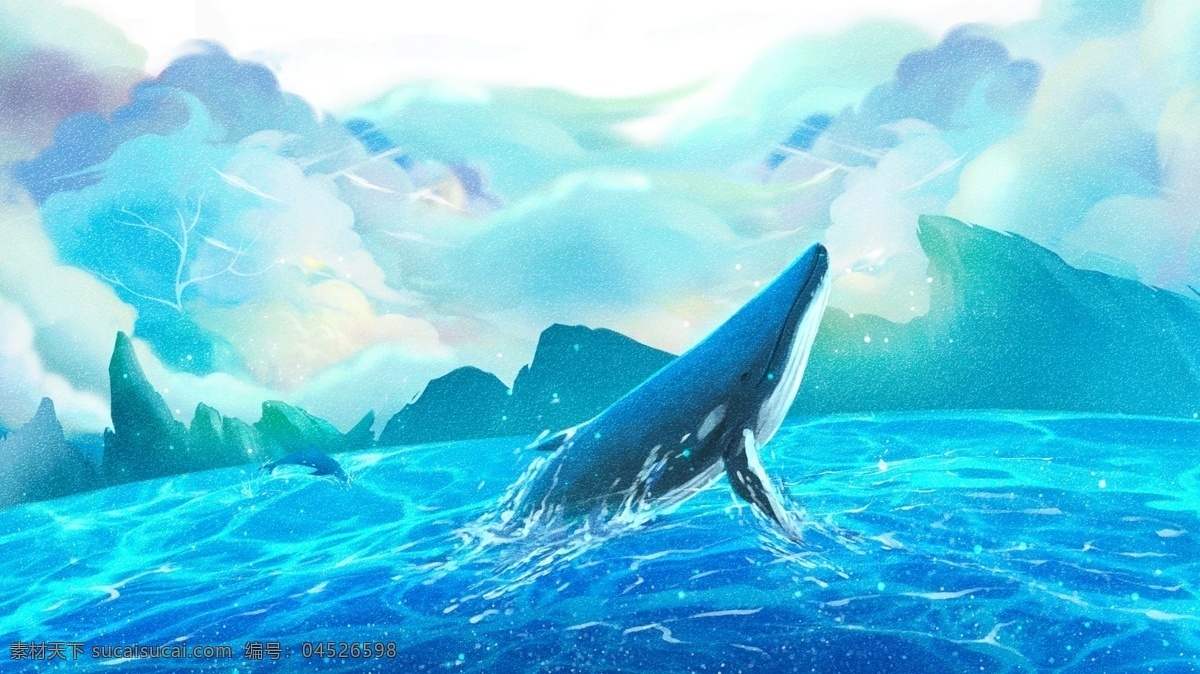 梦幻 唯美 鲸鱼 治愈 系 海蓝 时见 鲸 插画 治愈系 壁纸 手机配图 海蓝时见鲸 电商用途