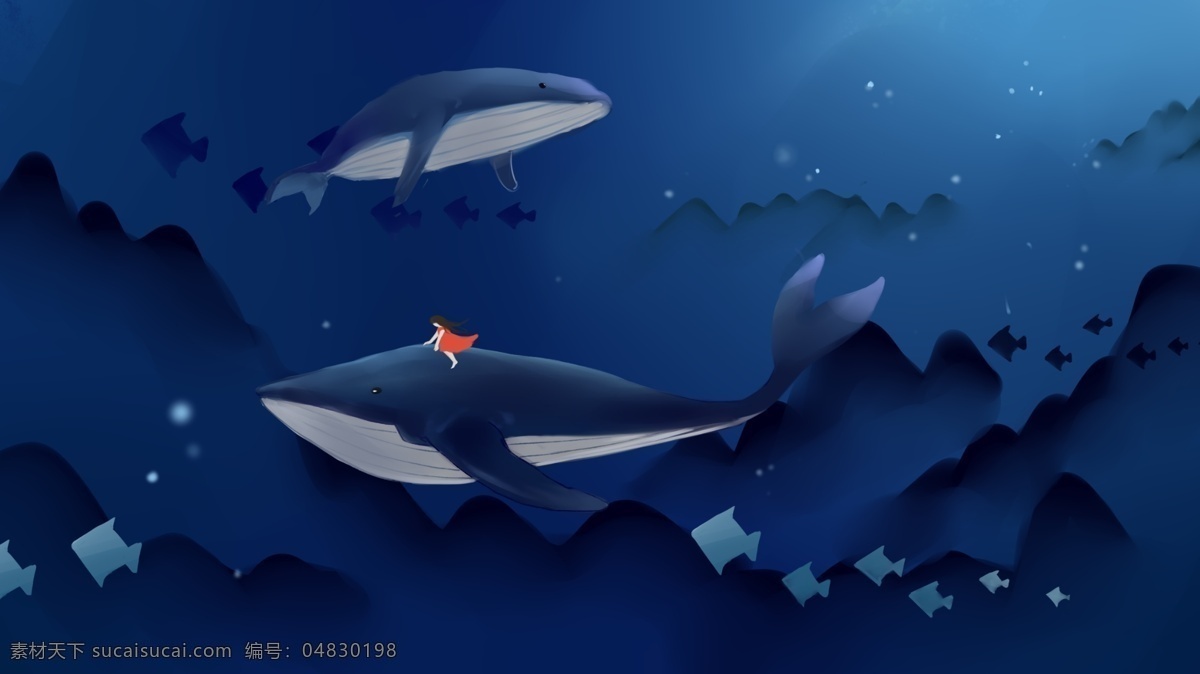 深海 鲸鱼 女孩 插画 大海 金鱼 红色