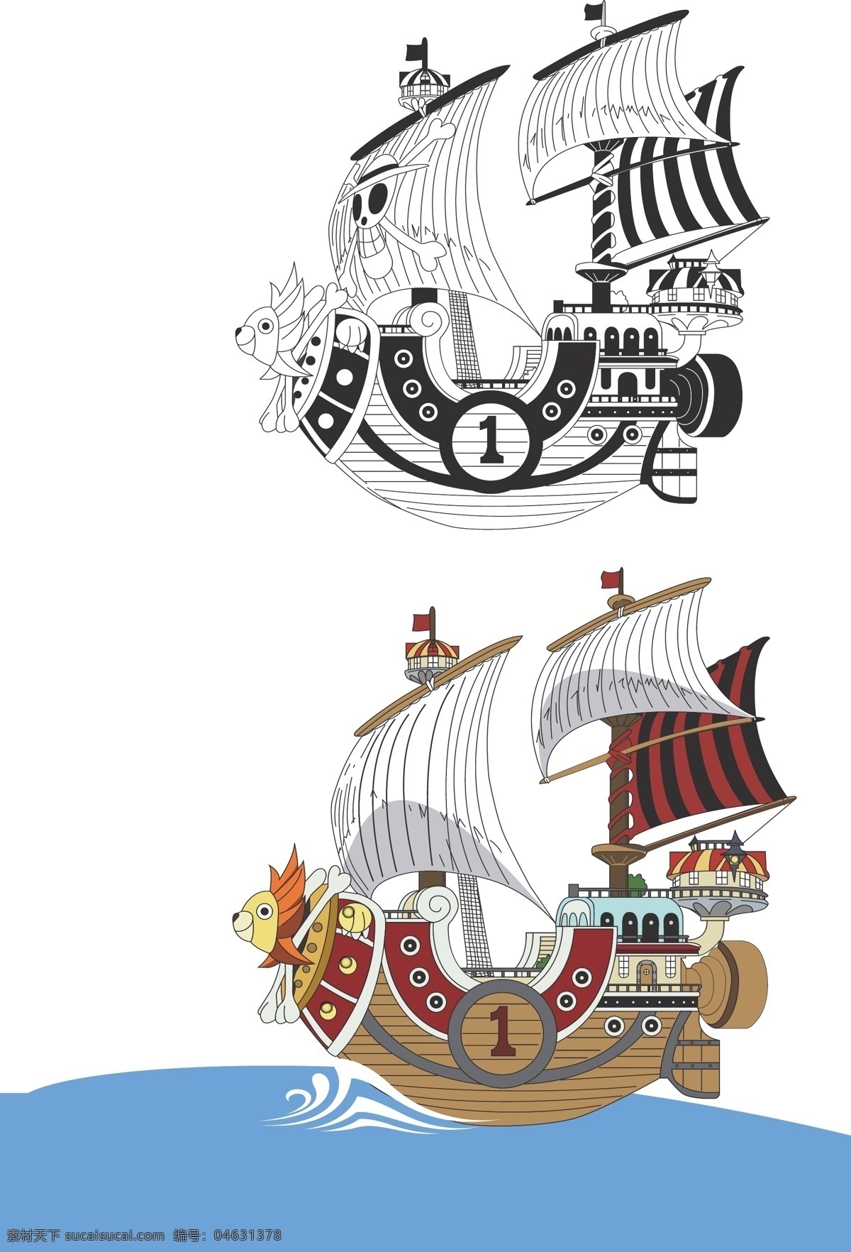 海贼王 黄金 梅利 号 矢量 上色 版 帆船 航海 黄金梅利号 太阳号 海盗船 海盗 线稿 动漫动画 动漫人物