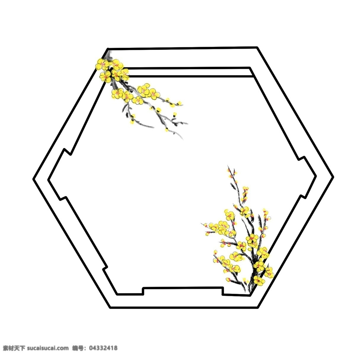 开 满 花朵 树枝 边框 插画 美景 风景 花框 花枝 植物边框 六边形边框 黄色的花朵 开满花的树枝 带花框插画